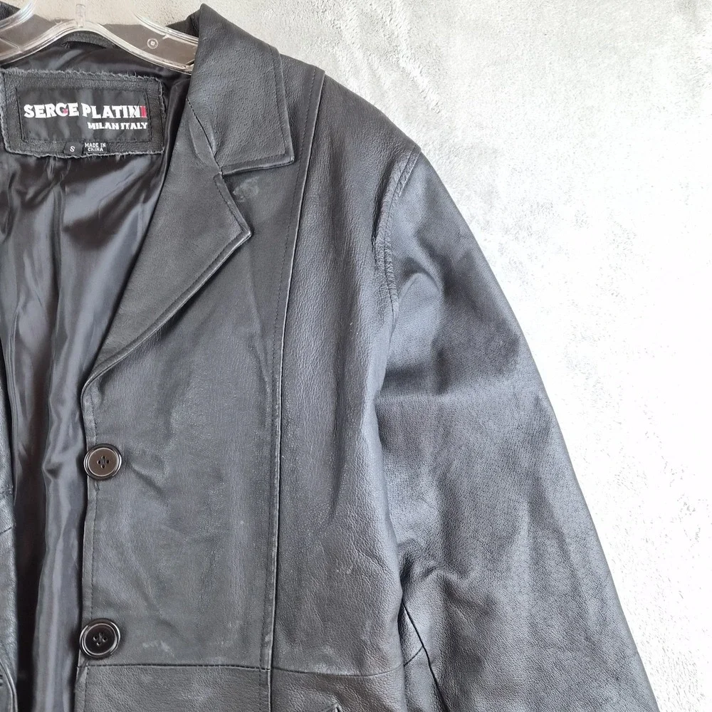 Serge Platini Blazer Jacket Small Black Genuine Leather 2 Buttons Sport Coat - Picture 7 of 16